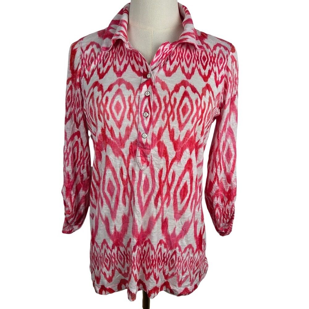 David Cline Snap Front Shirt Size Small Red Pink Ikat Print Comfy Casual Crinkle